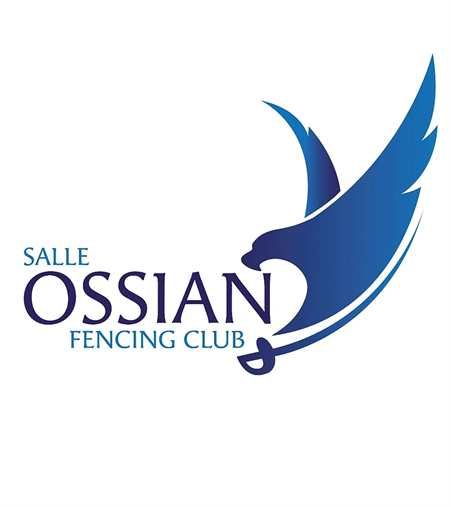 Blue text Salle Ossian Fencing Club, with an image of an bird on the right hand side with a Sabre weapon underneath to create the full image.