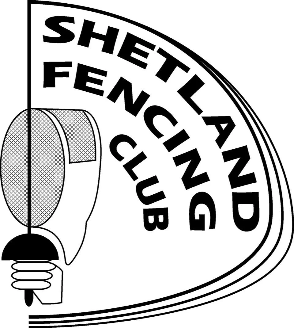 An image with text reading Shetland Fencing Club. There is also a image of a fencing mask and a sword, with lines looping round to complete the image.
